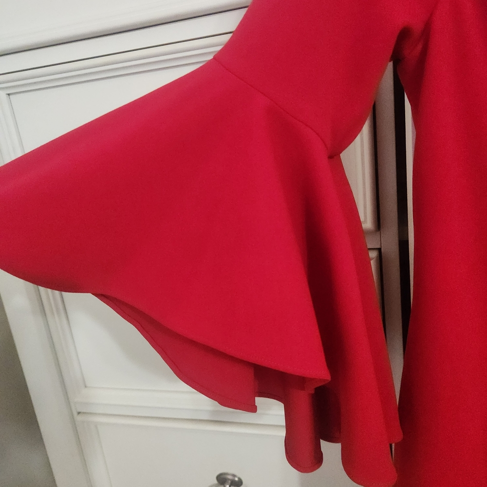 Calvin Klein Red Off-Shoulder Long Bell Sleeve Dress Sz 6 - Picture 5 of 6